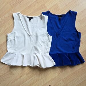 2 J. Crew Peplum V-neck Top Velvet Ruffle Ivory & Blue Small